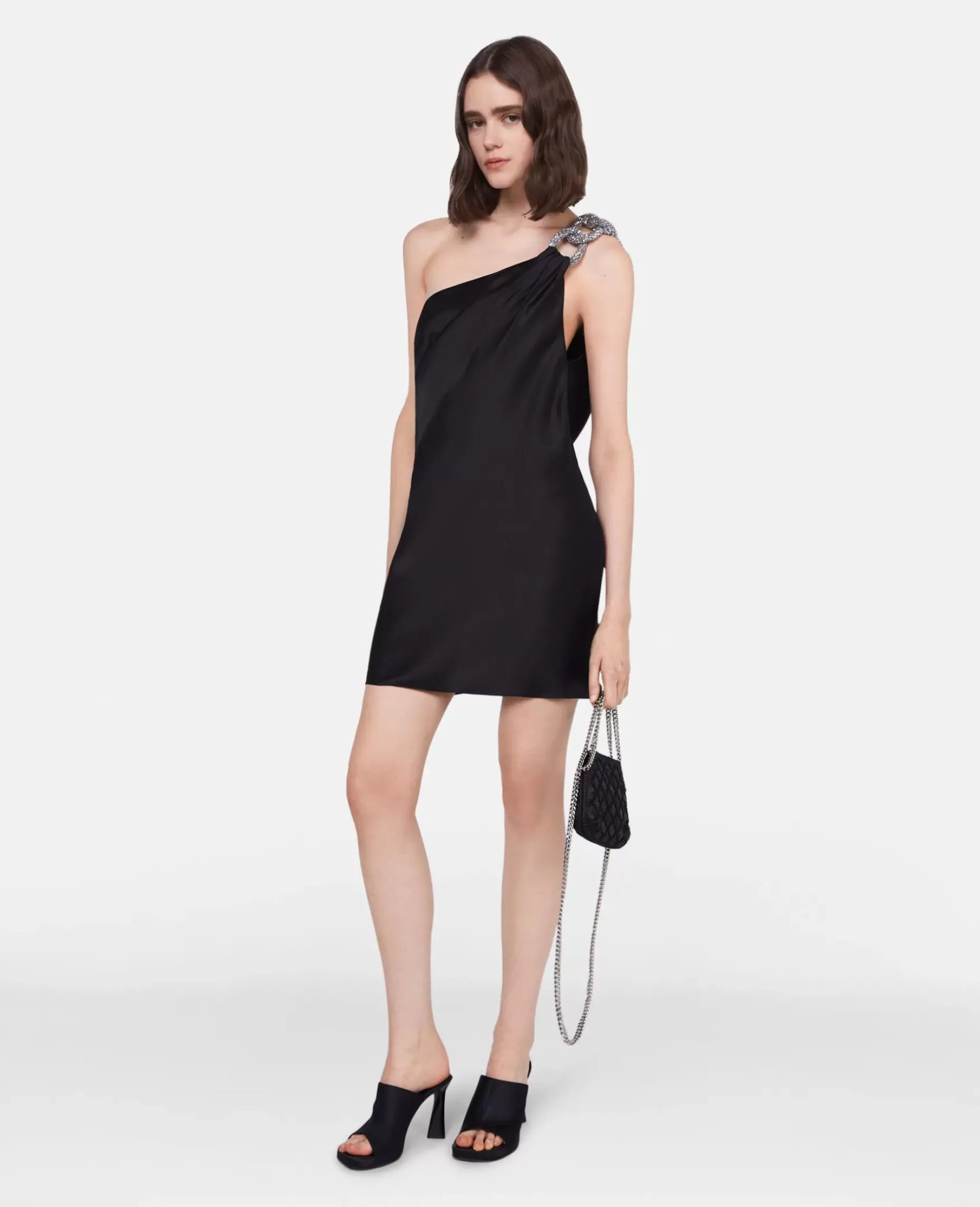 Falabella Crystal Chain Double Satin One-Shoulder Mini Dress