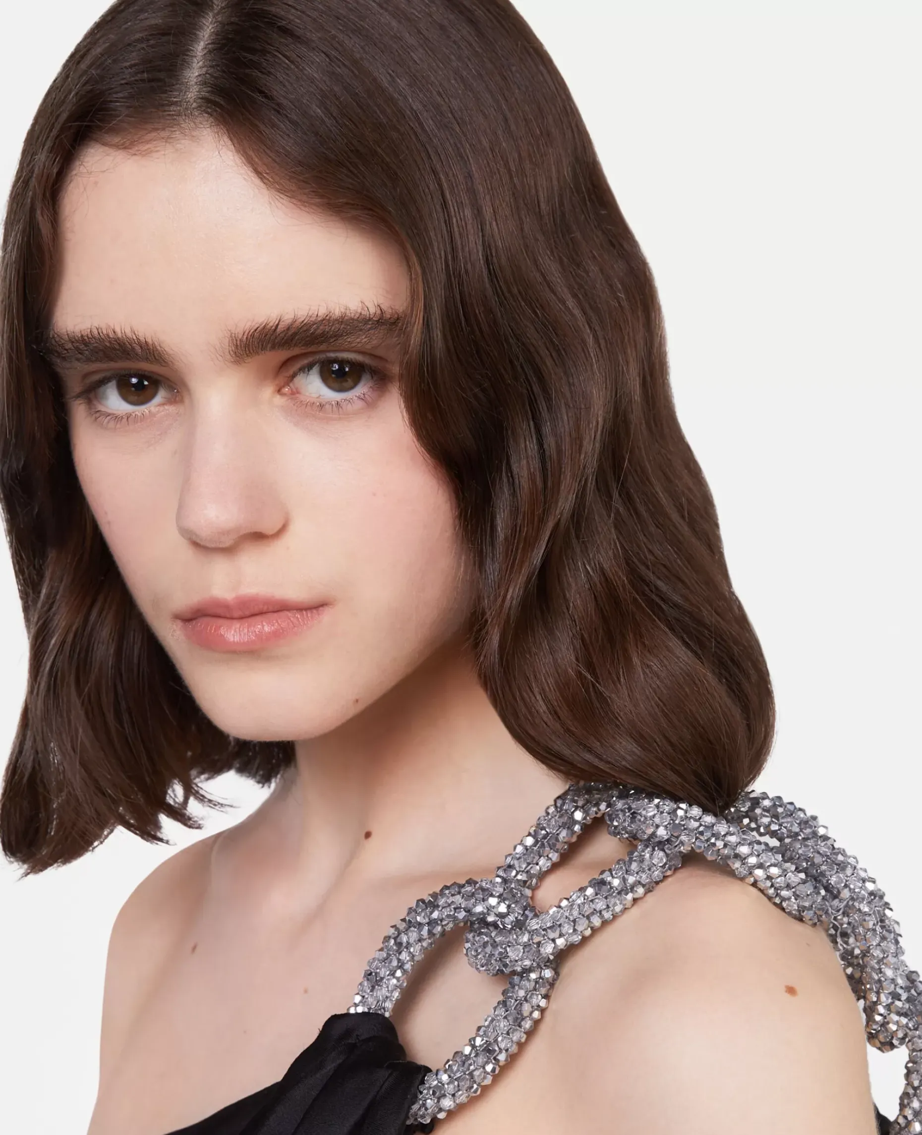 Falabella Crystal Chain Double Satin One-Shoulder Mini Dress
