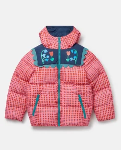 Folk Flower Check Print Puffer Coat