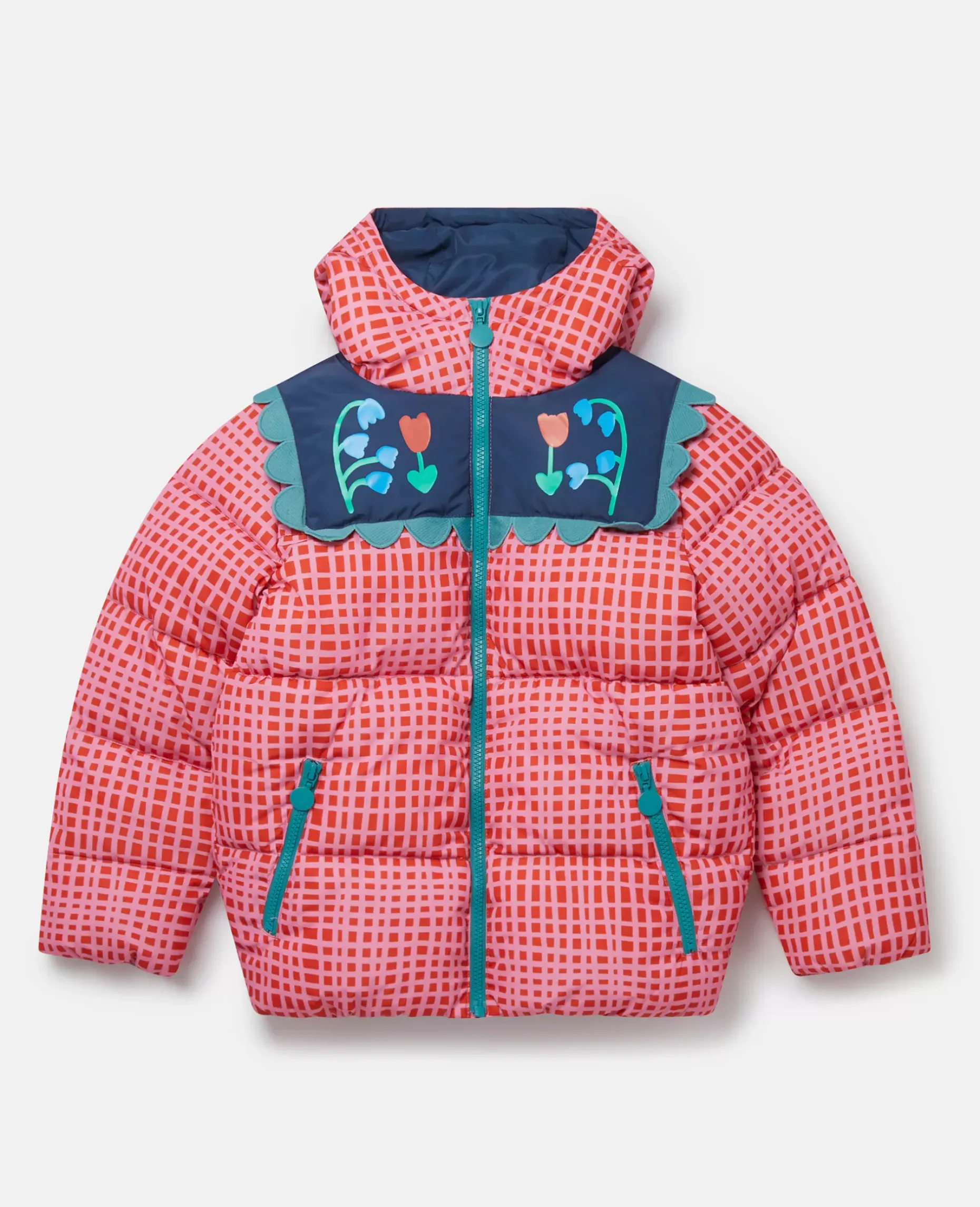 Folk Flower Check Print Puffer Coat