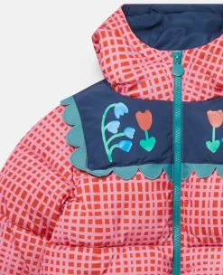 Folk Flower Check Print Puffer Coat