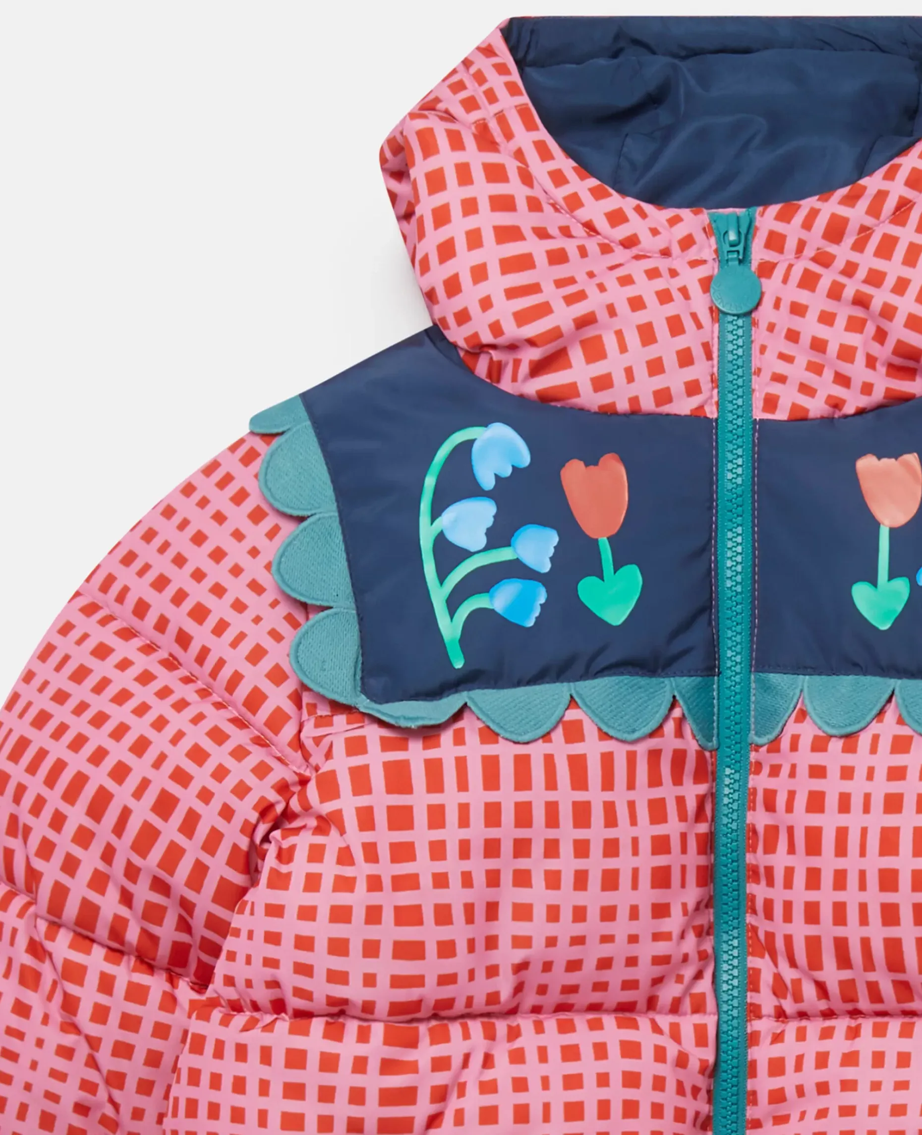 Folk Flower Check Print Puffer Coat