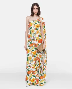 Lady Garden Print One-Shoulder Cape Gown