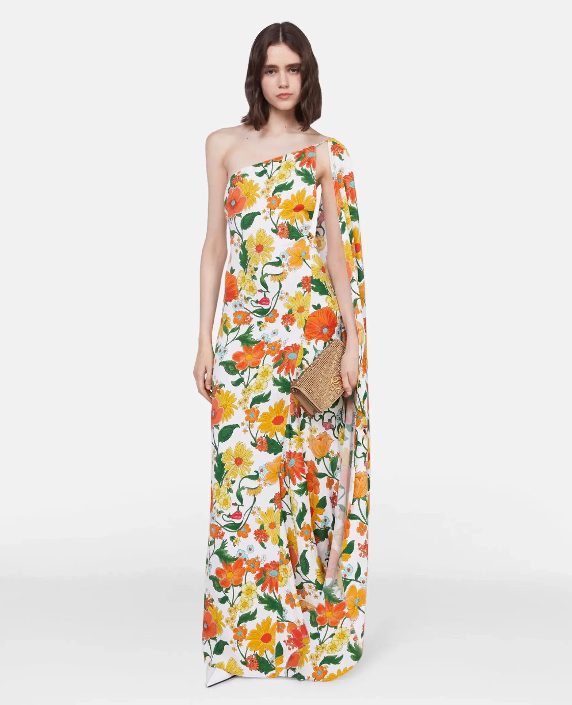 Lady Garden Print One-Shoulder Cape Gown