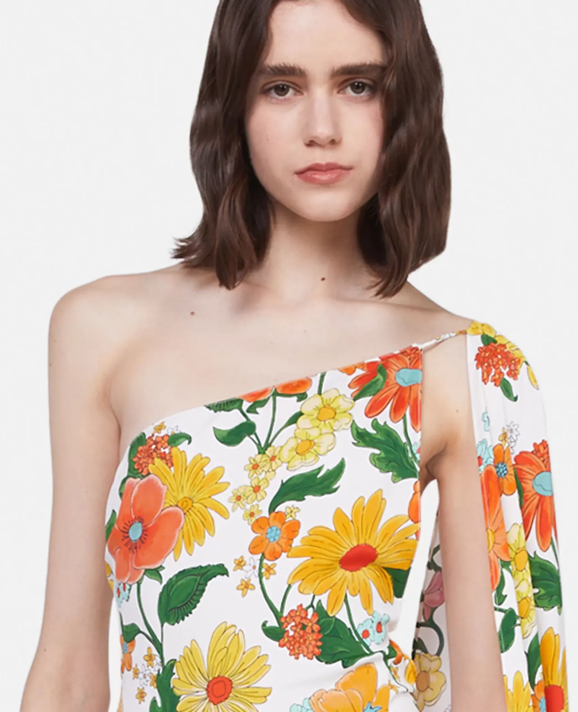 Lady Garden Print One-Shoulder Cape Gown