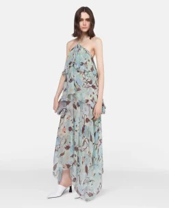 Lady Garden Print Silk Chiffon Halterneck Dress