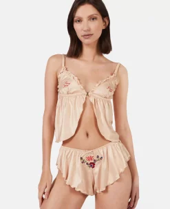 Love You' Embroidery Satin Flounce Sleep Shorts