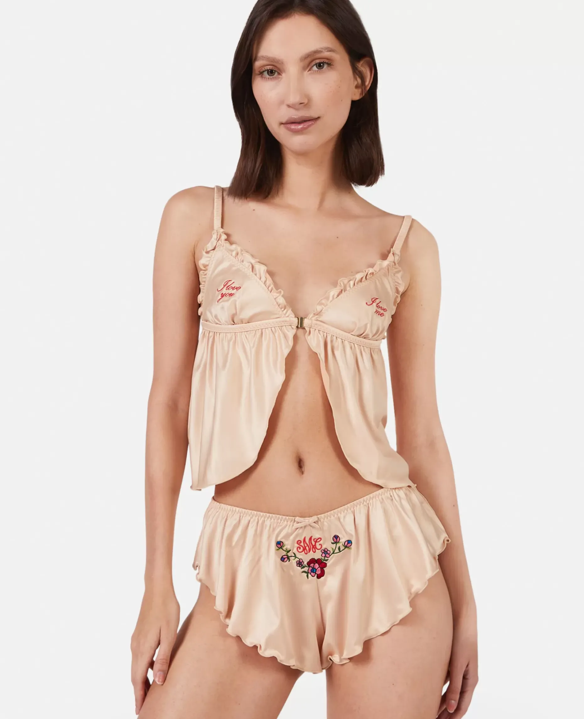 Love You' Embroidery Satin Flounce Sleep Shorts
