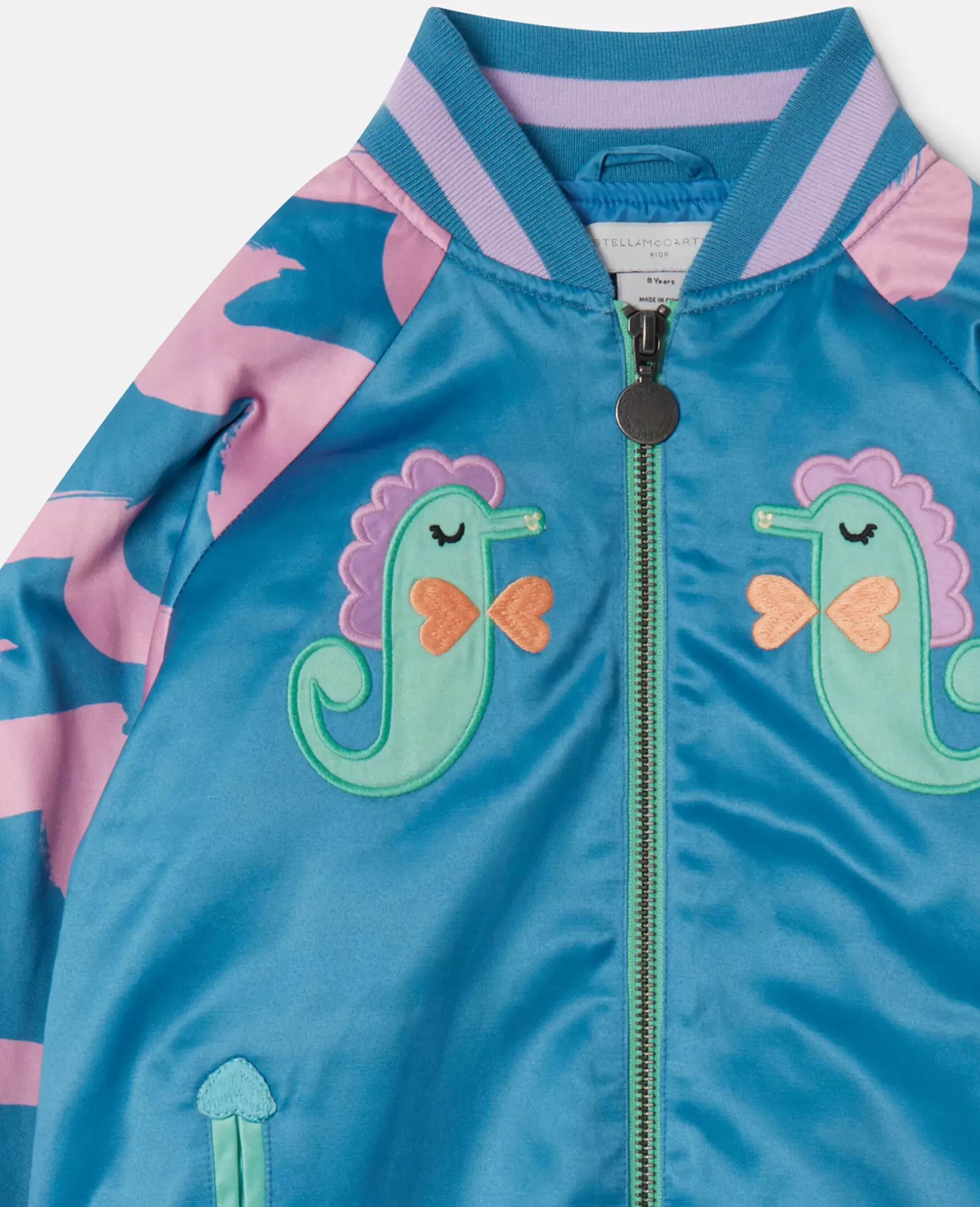 Seahorse Embroidery Satin Bomber Jacket