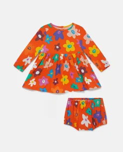 Smiling Flower Print Dress And Bloomers Set