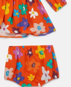 Smiling Flower Print Dress And Bloomers Set
