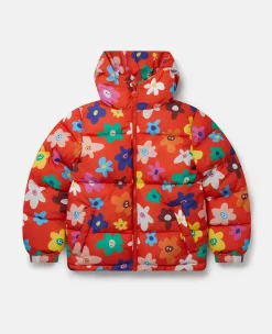 Smiling Flower Print Hooded Puffer Coat