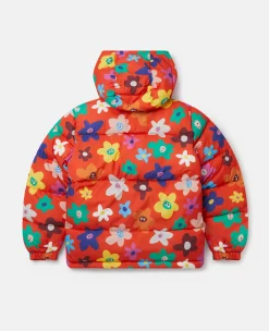 Smiling Flower Print Hooded Puffer Coat
