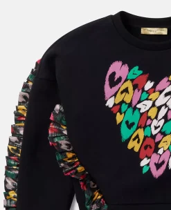 Smudged Heart Print Fringed Sweatshirt