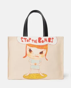 Stop The Bombs Print Cotton Canvas Tote Bag
