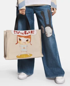 Stop The Bombs Print Cotton Canvas Tote Bag