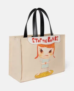 Stop The Bombs Print Cotton Canvas Tote Bag