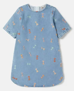 Striped Bow Embroidery Denim Dress