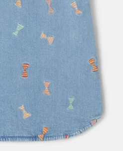 Striped Bow Embroidery Denim Dress