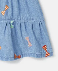 Striped Bow Print Denim Dress
