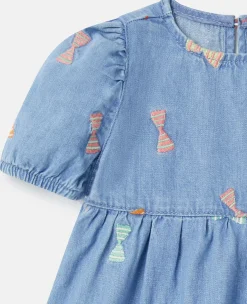 Striped Bow Print Denim Dress