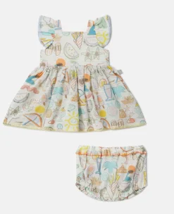 Summer Doodles Print Dress And Bloomers Set