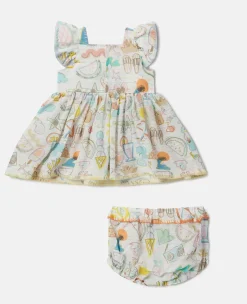 Summer Doodles Print Dress And Bloomers Set