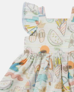 Summer Doodles Print Dress And Bloomers Set