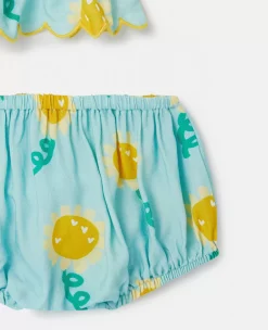 Sunflower Print Sleeveless Dress And Bloomers Set